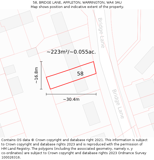 58, BRIDGE LANE, APPLETON, WARRINGTON, WA4 3AU: Plot and title map