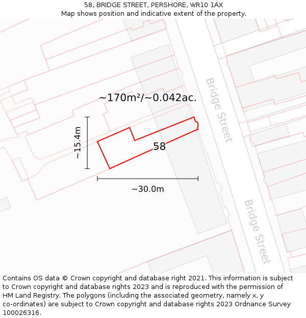 58, BRIDGE STREET, PERSHORE, WR10 1AX: Plot and title map