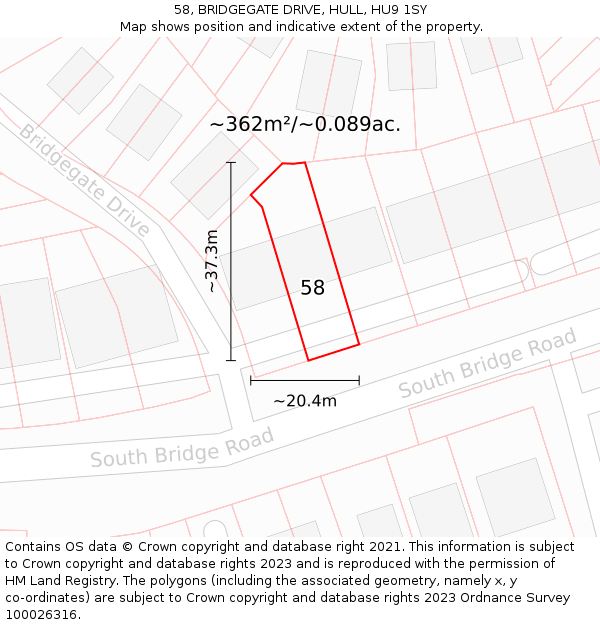 58, BRIDGEGATE DRIVE, HULL, HU9 1SY: Plot and title map