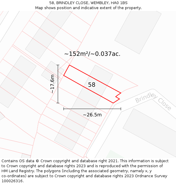58, BRINDLEY CLOSE, WEMBLEY, HA0 1BS: Plot and title map