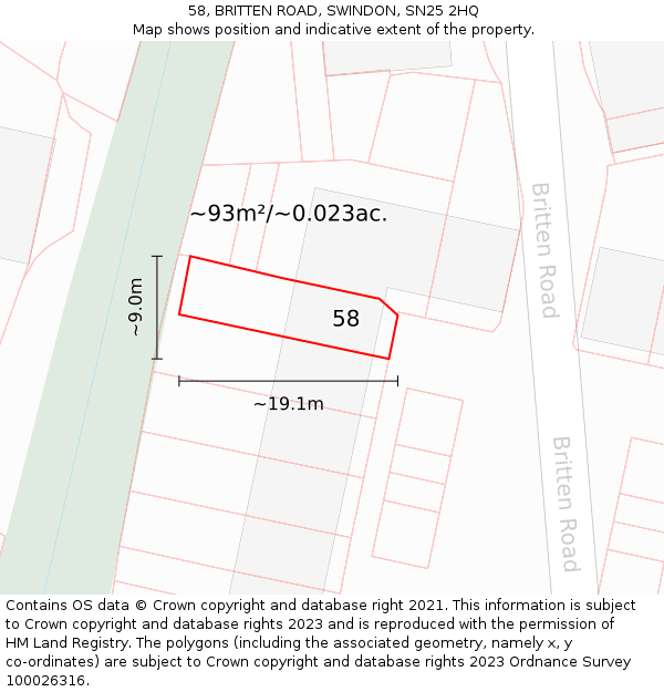 58, BRITTEN ROAD, SWINDON, SN25 2HQ: Plot and title map