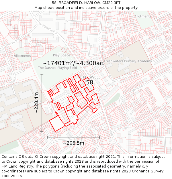 58, BROADFIELD, HARLOW, CM20 3PT: Plot and title map