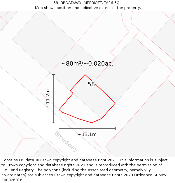 58, BROADWAY, MERRIOTT, TA16 5QH: Plot and title map