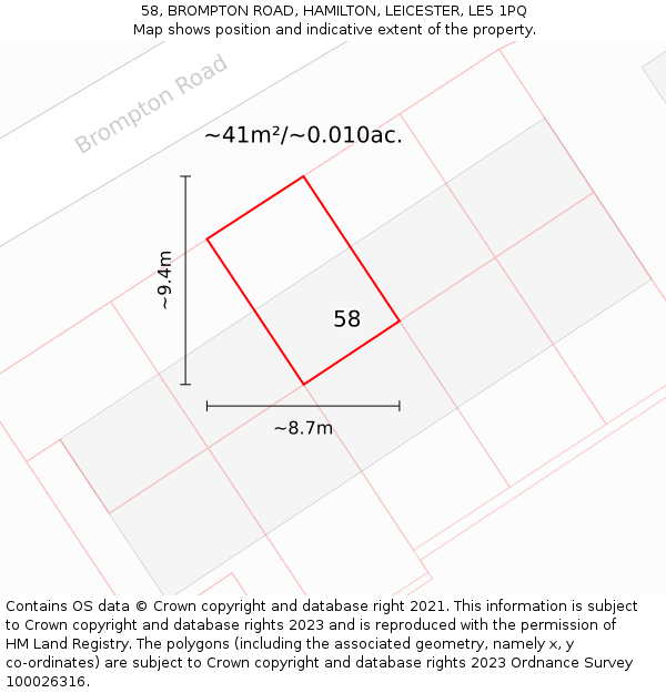58, BROMPTON ROAD, HAMILTON, LEICESTER, LE5 1PQ: Plot and title map