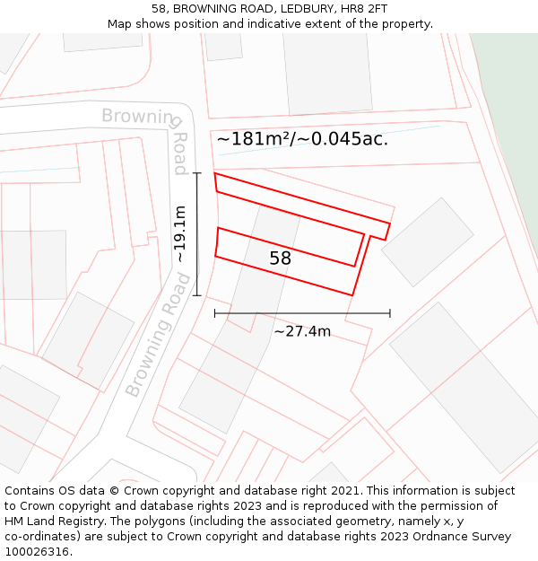 58, BROWNING ROAD, LEDBURY, HR8 2FT: Plot and title map