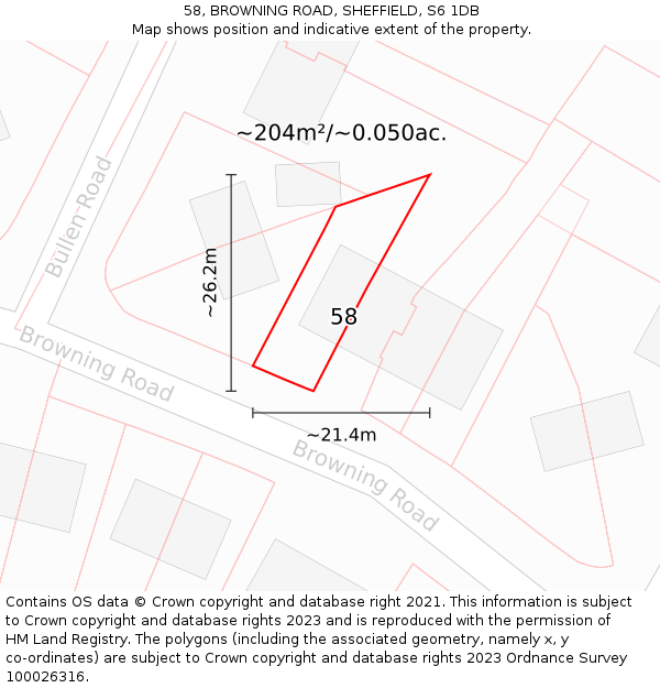 58, BROWNING ROAD, SHEFFIELD, S6 1DB: Plot and title map