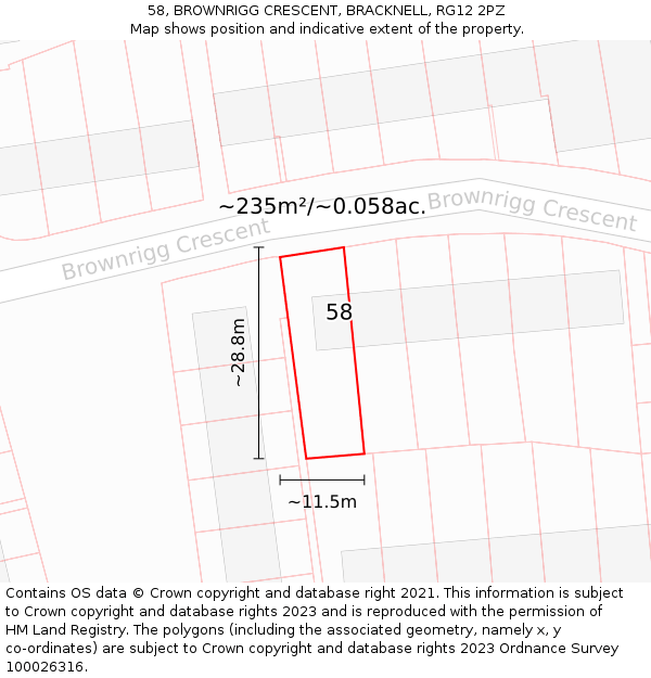 58, BROWNRIGG CRESCENT, BRACKNELL, RG12 2PZ: Plot and title map