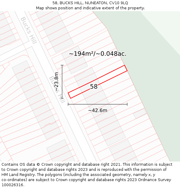 58, BUCKS HILL, NUNEATON, CV10 9LQ: Plot and title map