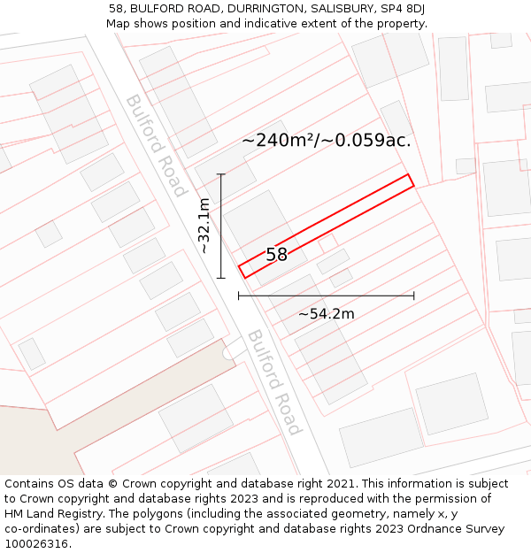 58, BULFORD ROAD, DURRINGTON, SALISBURY, SP4 8DJ: Plot and title map