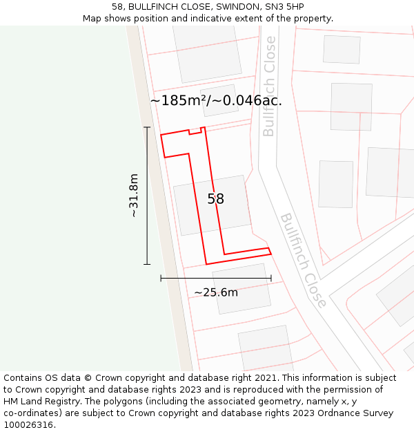 58, BULLFINCH CLOSE, SWINDON, SN3 5HP: Plot and title map