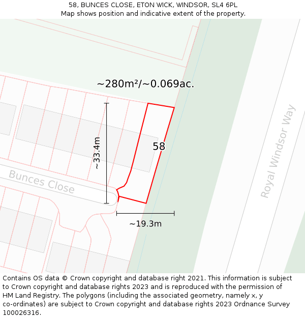 58, BUNCES CLOSE, ETON WICK, WINDSOR, SL4 6PL: Plot and title map