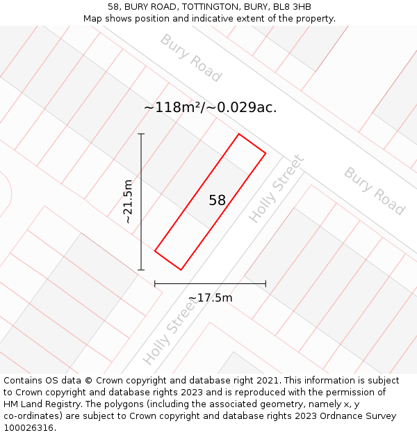 58, BURY ROAD, TOTTINGTON, BURY, BL8 3HB: Plot and title map