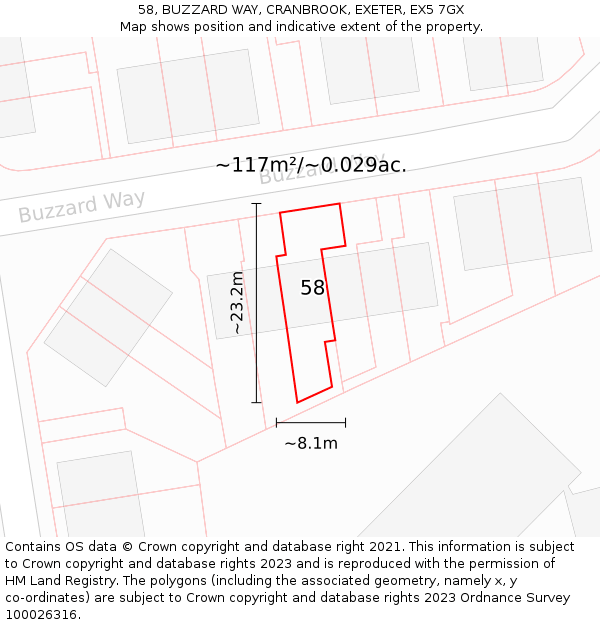 58, BUZZARD WAY, CRANBROOK, EXETER, EX5 7GX: Plot and title map