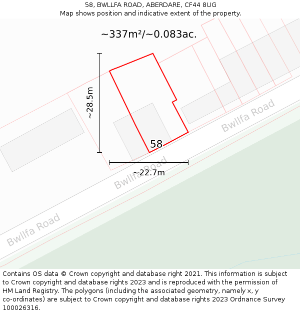 58, BWLLFA ROAD, ABERDARE, CF44 8UG: Plot and title map
