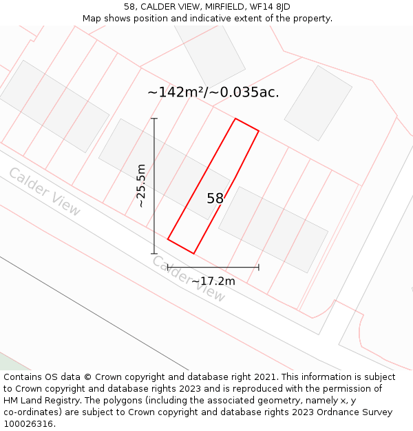 58, CALDER VIEW, MIRFIELD, WF14 8JD: Plot and title map