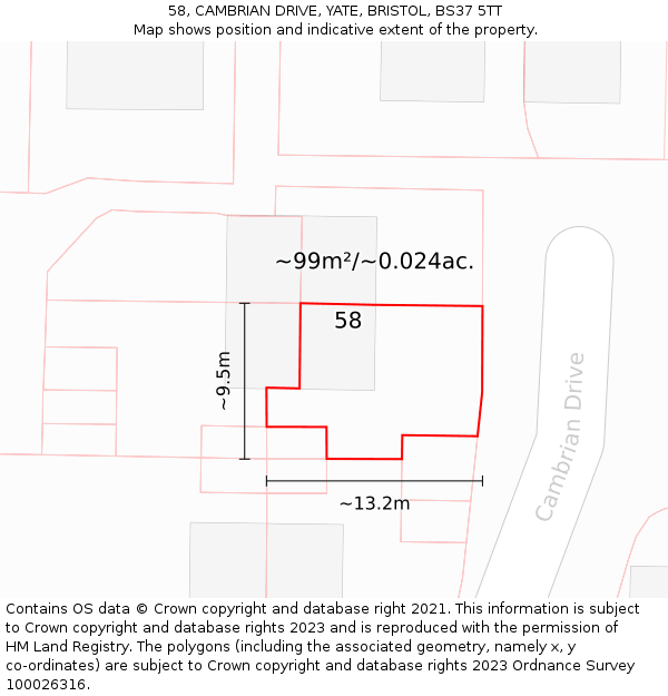 58, CAMBRIAN DRIVE, YATE, BRISTOL, BS37 5TT: Plot and title map