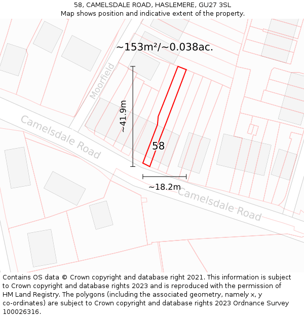 58, CAMELSDALE ROAD, HASLEMERE, GU27 3SL: Plot and title map