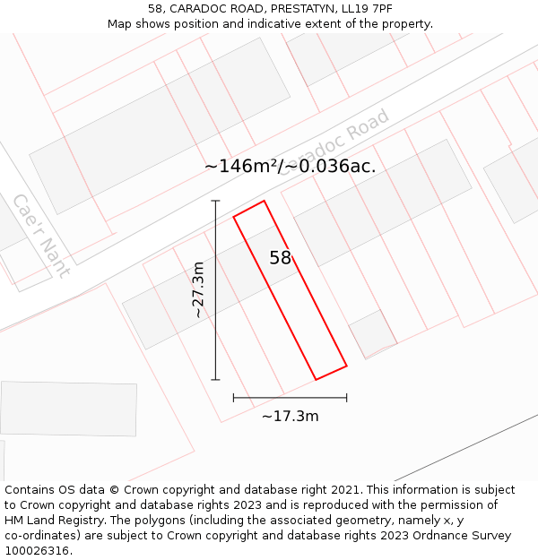 58, CARADOC ROAD, PRESTATYN, LL19 7PF: Plot and title map