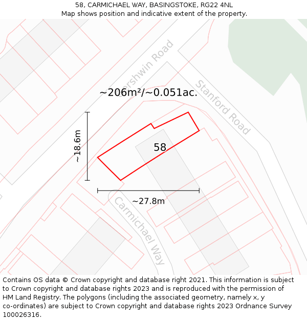 58, CARMICHAEL WAY, BASINGSTOKE, RG22 4NL: Plot and title map