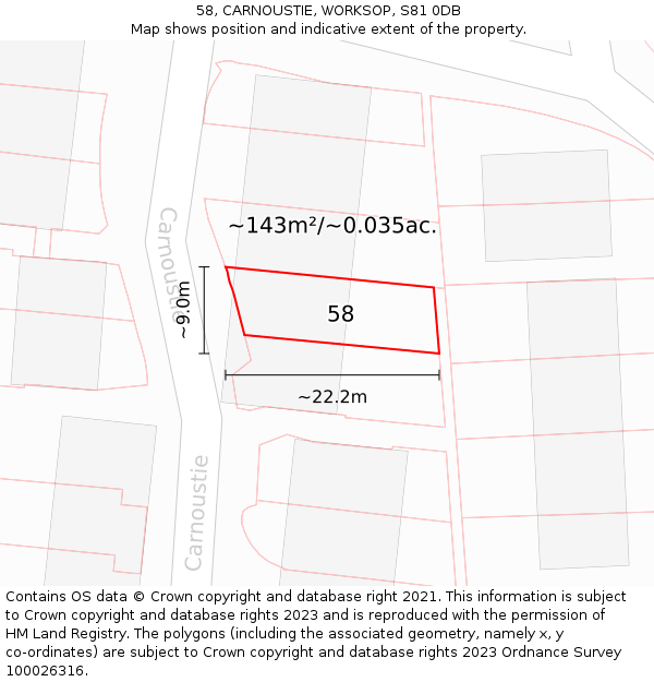 58, CARNOUSTIE, WORKSOP, S81 0DB: Plot and title map