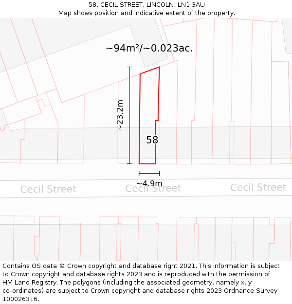 58, CECIL STREET, LINCOLN, LN1 3AU: Plot and title map