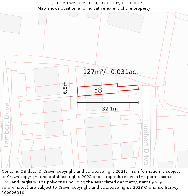58, CEDAR WALK, ACTON, SUDBURY, CO10 0UP: Plot and title map