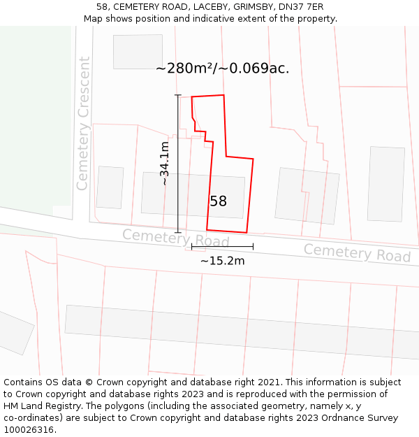 58, CEMETERY ROAD, LACEBY, GRIMSBY, DN37 7ER: Plot and title map