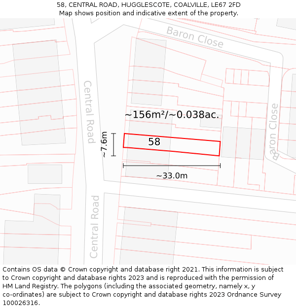 58, CENTRAL ROAD, HUGGLESCOTE, COALVILLE, LE67 2FD: Plot and title map