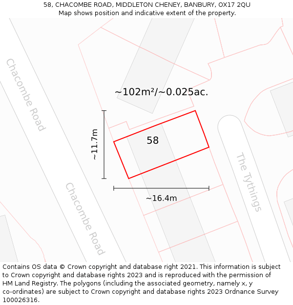58, CHACOMBE ROAD, MIDDLETON CHENEY, BANBURY, OX17 2QU: Plot and title map