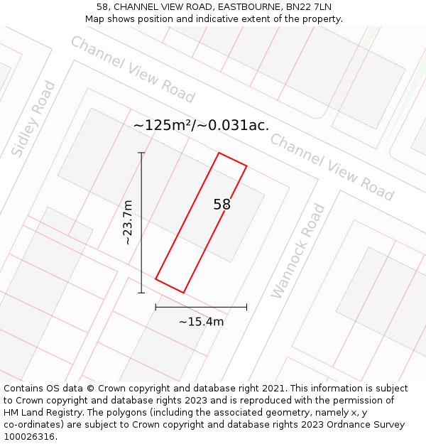 58, CHANNEL VIEW ROAD, EASTBOURNE, BN22 7LN: Plot and title map