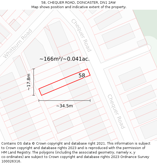 58, CHEQUER ROAD, DONCASTER, DN1 2AW: Plot and title map