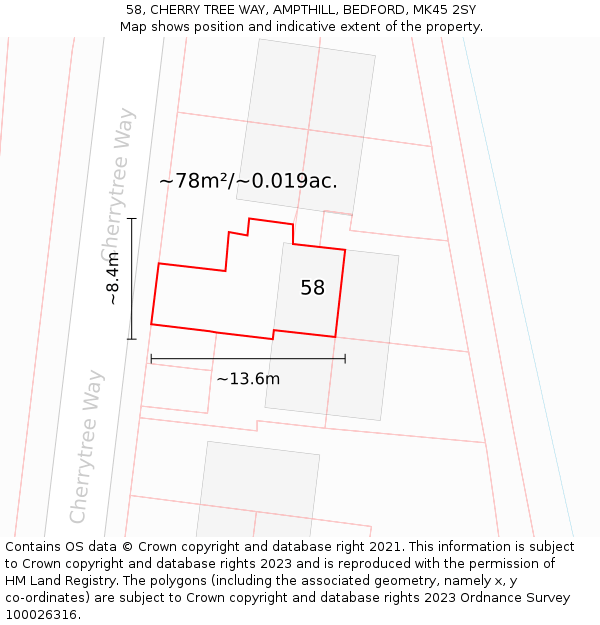 58, CHERRY TREE WAY, AMPTHILL, BEDFORD, MK45 2SY: Plot and title map
