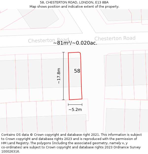 58, CHESTERTON ROAD, LONDON, E13 8BA: Plot and title map