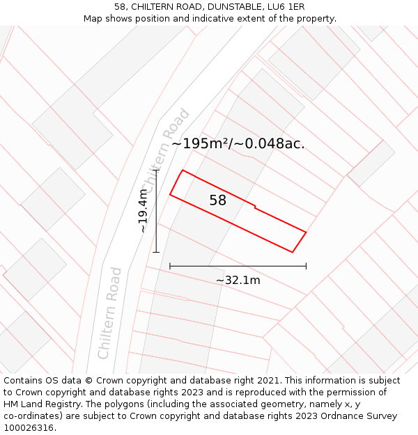 58, CHILTERN ROAD, DUNSTABLE, LU6 1ER: Plot and title map