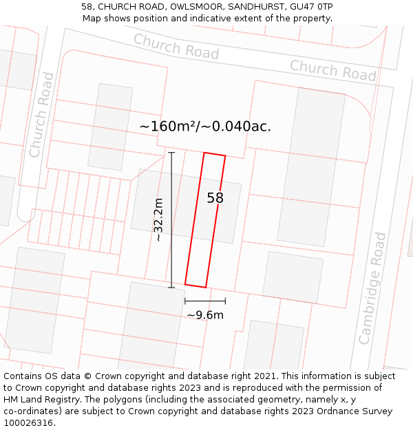 58, CHURCH ROAD, OWLSMOOR, SANDHURST, GU47 0TP: Plot and title map