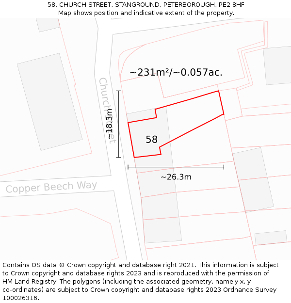 58, CHURCH STREET, STANGROUND, PETERBOROUGH, PE2 8HF: Plot and title map