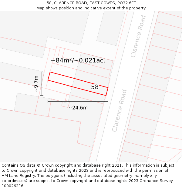 58, CLARENCE ROAD, EAST COWES, PO32 6ET: Plot and title map