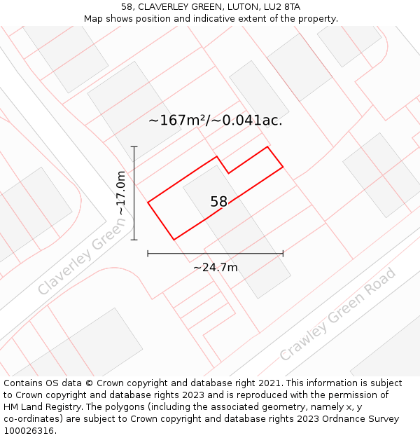58, CLAVERLEY GREEN, LUTON, LU2 8TA: Plot and title map