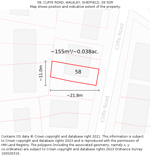 58, CLIFFE ROAD, WALKLEY, SHEFFIELD, S6 5DR: Plot and title map