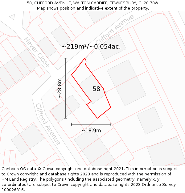 58, CLIFFORD AVENUE, WALTON CARDIFF, TEWKESBURY, GL20 7RW: Plot and title map