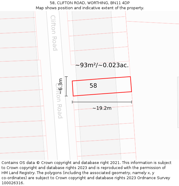 58, CLIFTON ROAD, WORTHING, BN11 4DP: Plot and title map