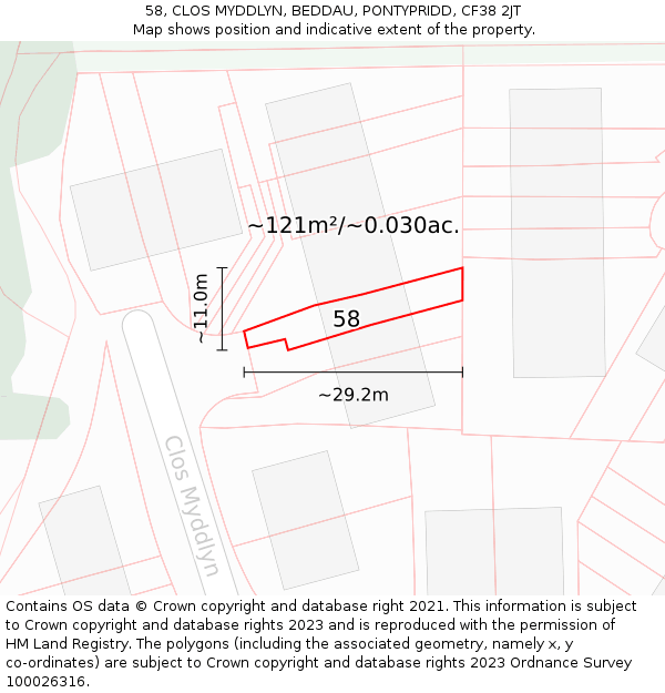 58, CLOS MYDDLYN, BEDDAU, PONTYPRIDD, CF38 2JT: Plot and title map