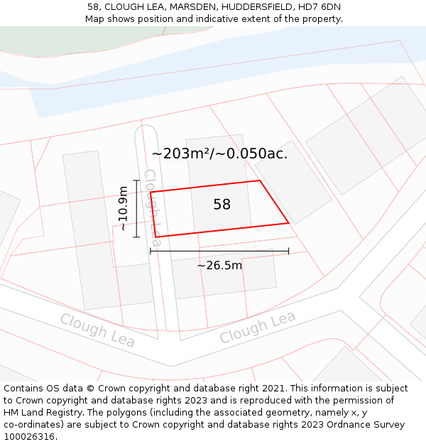58, CLOUGH LEA, MARSDEN, HUDDERSFIELD, HD7 6DN: Plot and title map