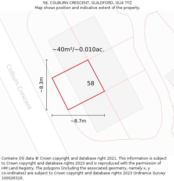 58, COLBURN CRESCENT, GUILDFORD, GU4 7YZ: Plot and title map