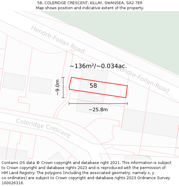 58, COLERIDGE CRESCENT, KILLAY, SWANSEA, SA2 7ER: Plot and title map