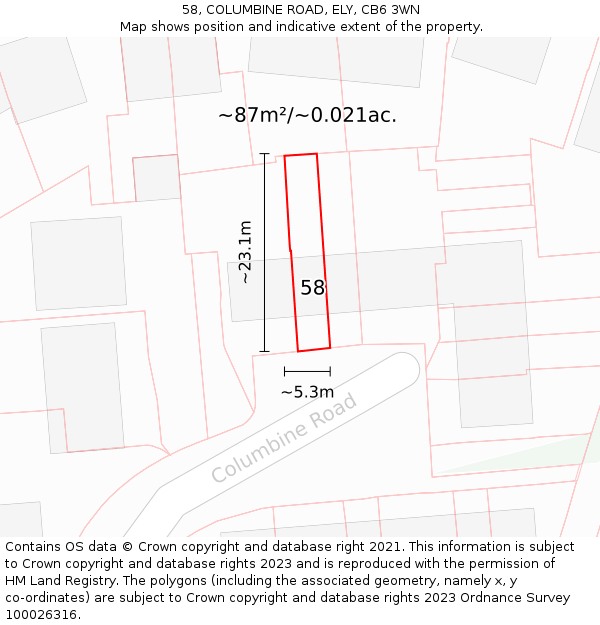 58, COLUMBINE ROAD, ELY, CB6 3WN: Plot and title map