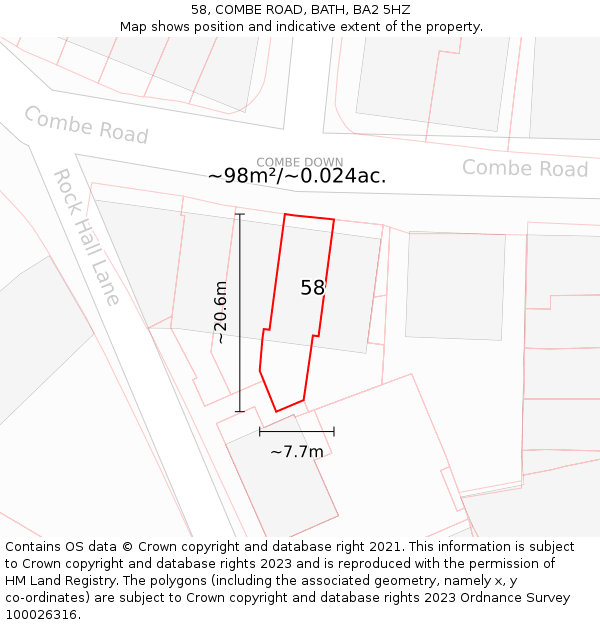 58, COMBE ROAD, BATH, BA2 5HZ: Plot and title map