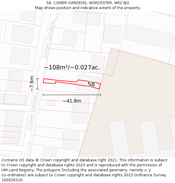 58, COMER GARDENS, WORCESTER, WR2 6JG: Plot and title map