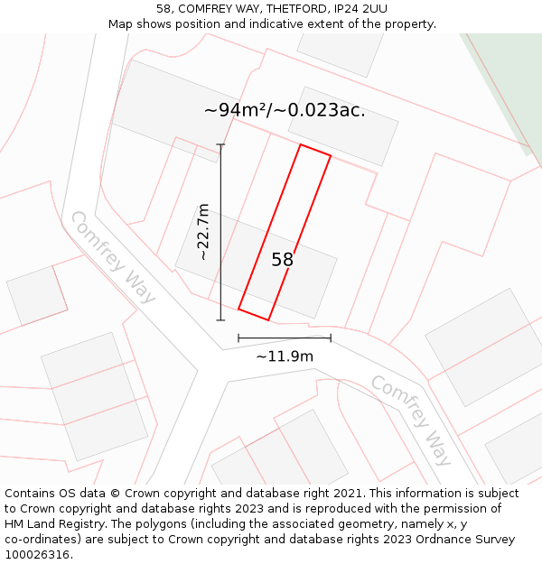 58, COMFREY WAY, THETFORD, IP24 2UU: Plot and title map
