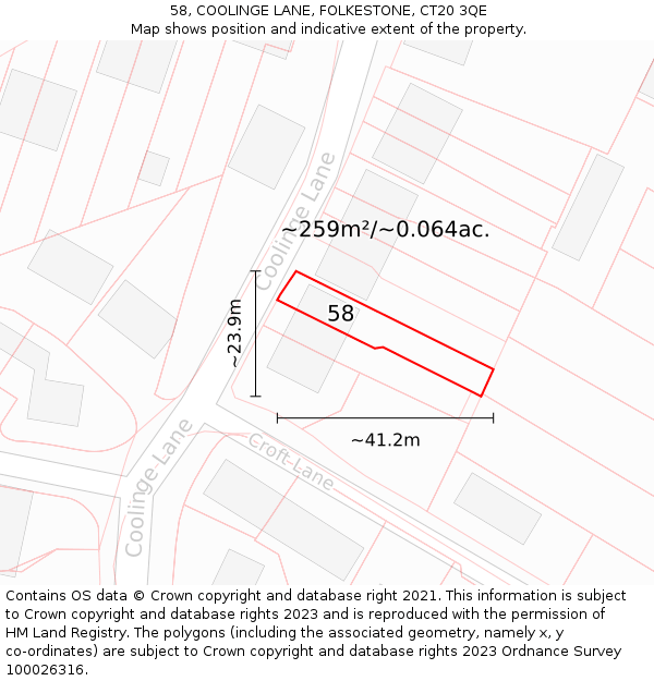 58, COOLINGE LANE, FOLKESTONE, CT20 3QE: Plot and title map